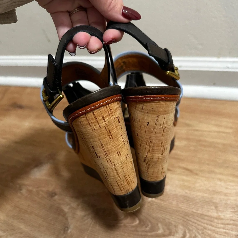 Coach | Women's Brown Blue Leather Tassel Cork Platform Wedge Sandals, 6.5B